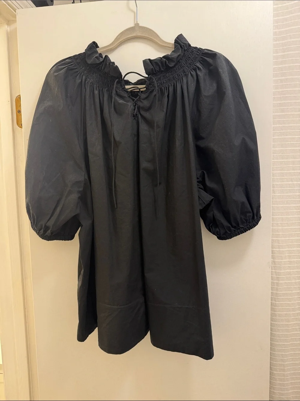 J. Crew Black Smocked Ruffle Neck Puff-Sleeve Blouse
